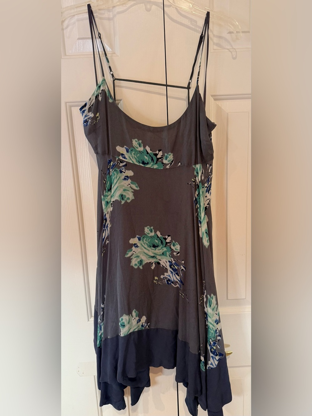 Free People Gray Floral Slip Handkerchief Dress with Teal Accents Black Bottom